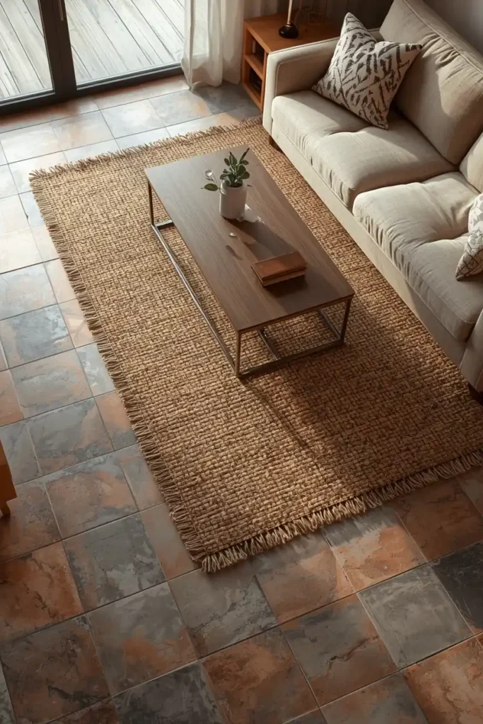 17 Afrobohemian Living Room Ideas That Feel Like a Global Getaway 6 living room, featuring a chunky natural jute rug layered over geometric patterned tile
