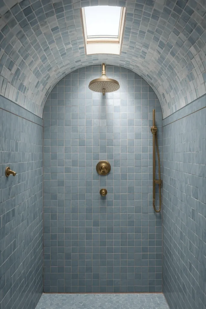 18 Bathroom Tile Ideas That Are Bold Enough to Transform Everything 6 arched shower, featuring the same soft blue-gray zellige tile