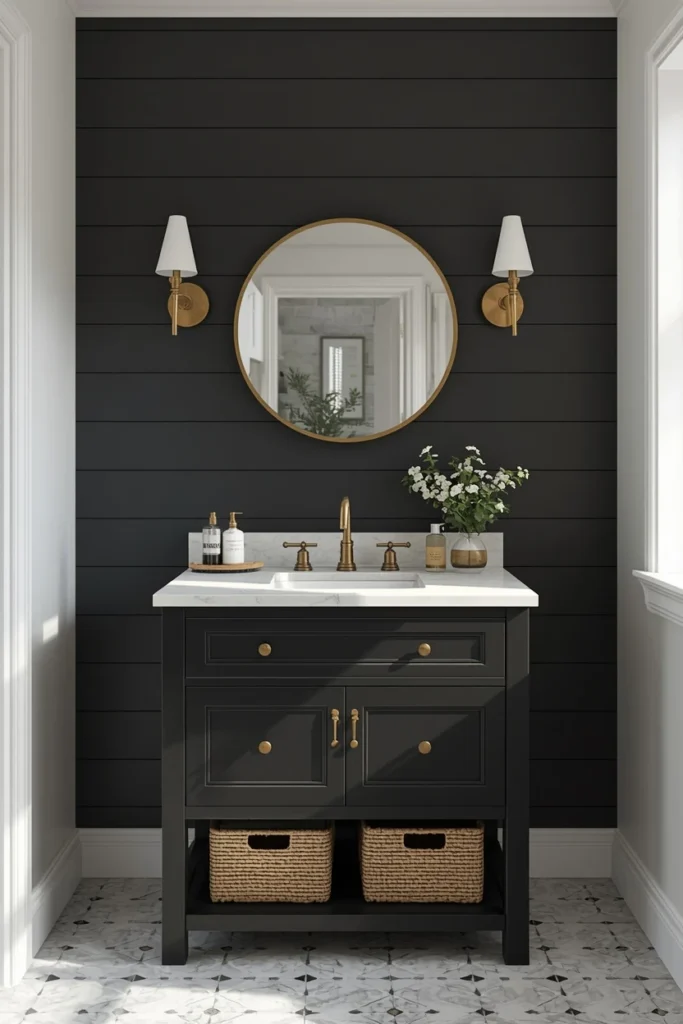 19 Black Bathroom Ideas That Are Dramatic, Chic & Completely Stunning 6 bathroom vanity area, featuring matte black shiplap accent wall, white stone vanity top