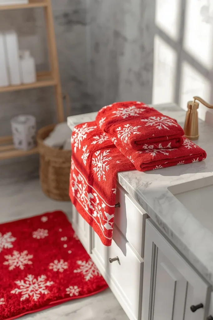 Christmas bathroom, featuring red and white snowflake-patterned hand towels