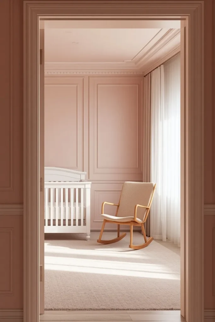 nursery shot, featuring walls, trim, and ceiling all painted in soft blush pink, 