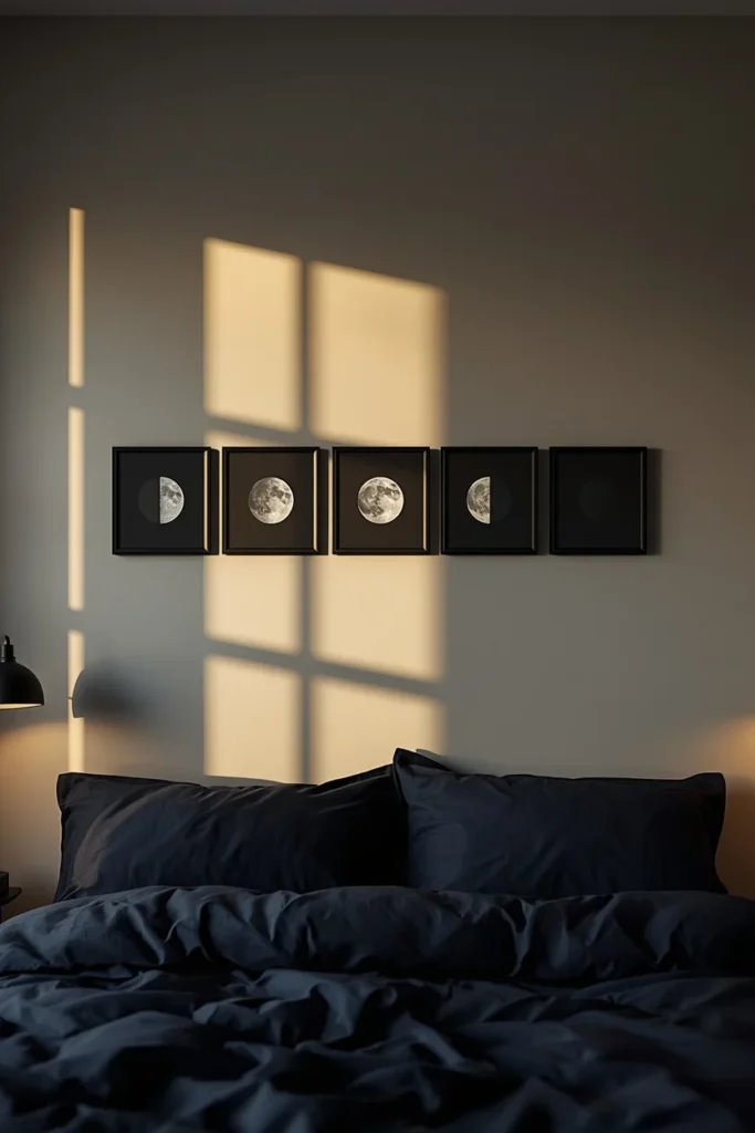 22 Cosmic Interior Design Ideas for a Starry, Galaxy-Inspired Home 6 wall styling shot, featuring a horizontal row of small framed moon phase prints in matte black frames