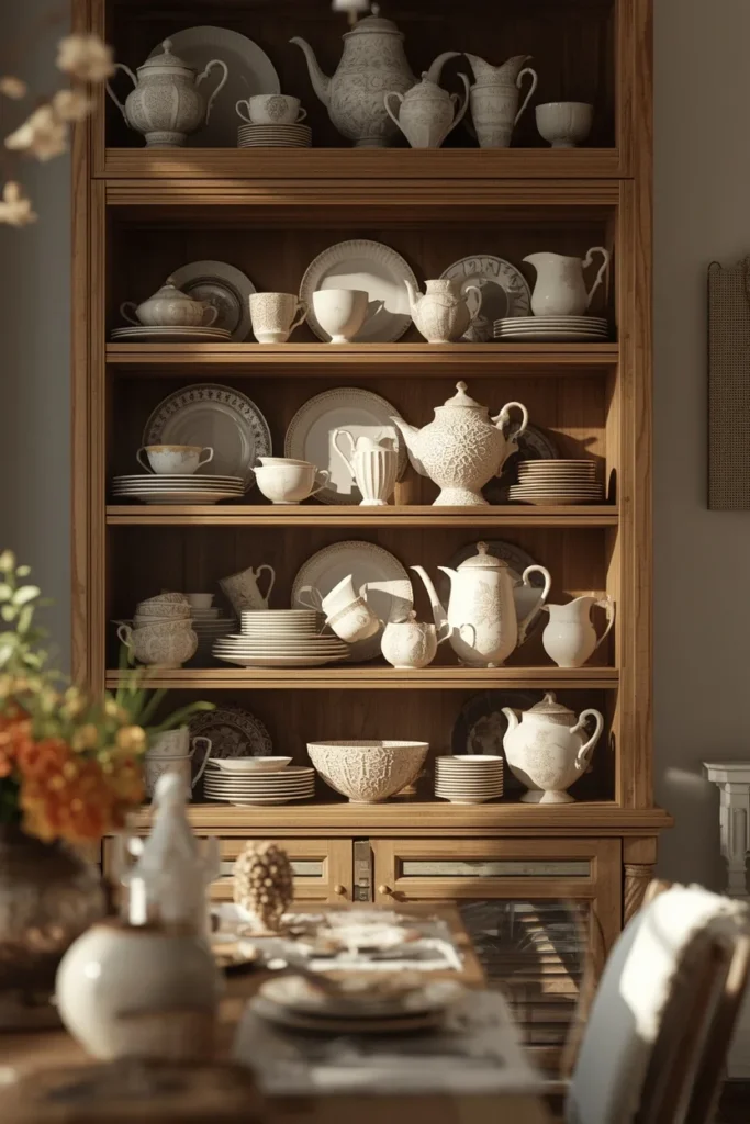  dining room, featuring open wooden shelves stacked with mismatched vintage china,