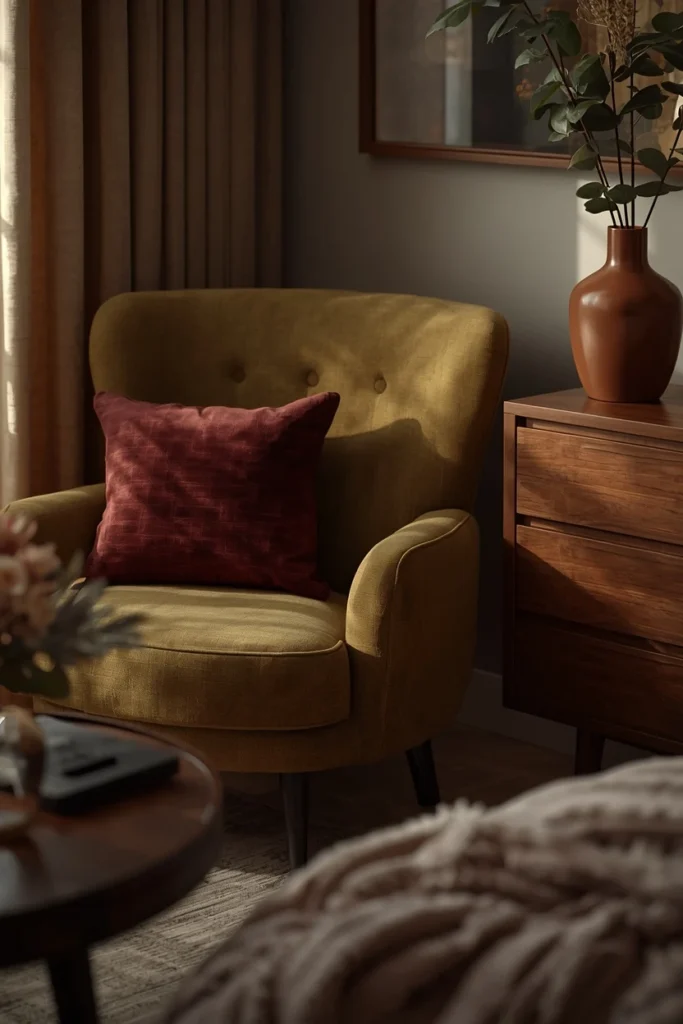 20 Cozy Warm Neutral Fall Living Room Ideas Anyone Can Recreate 6 living room close-up, featuring an olive green accent chair with burgundy throw pillows
