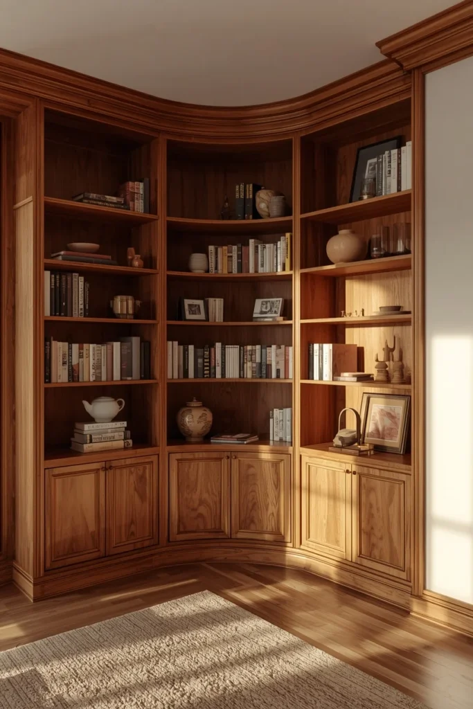 15 Curved Accent Wall Ideas to Soften a Boxy Room 6 living room built-in, featuring a curved wood bookshelf wall wrapping around a room corner, styled