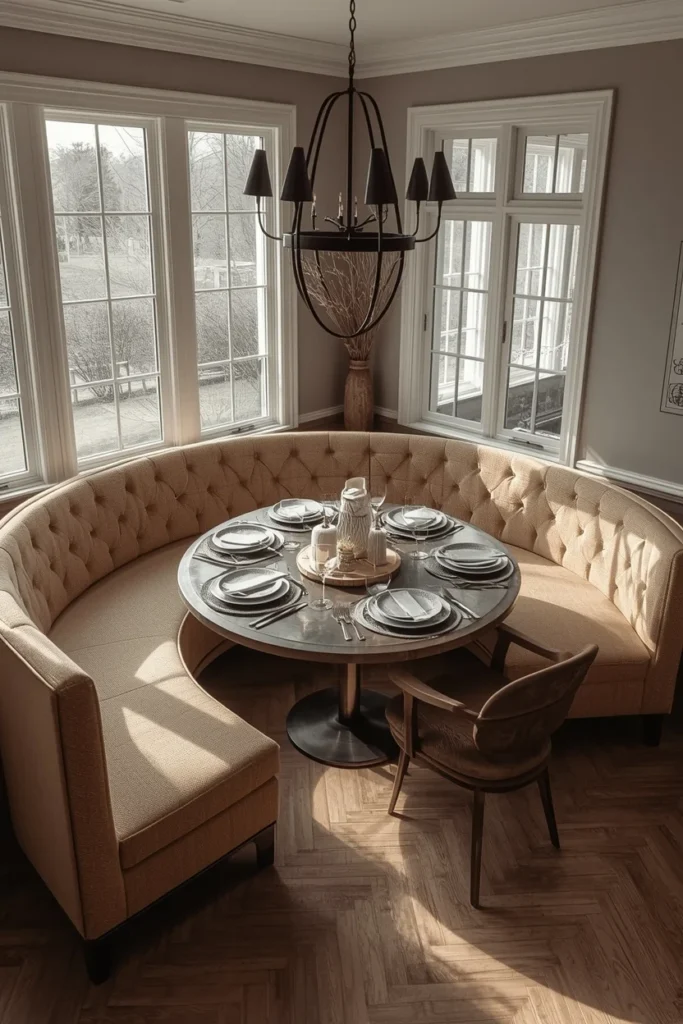  wide angle kitchen shot, featuring a U-shaped curved banquette wrapping three sides of a round table