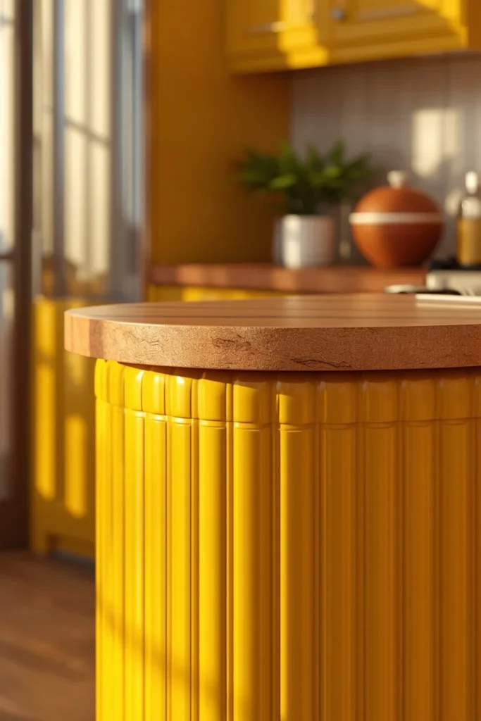 17 Curved Kitchen Peninsula Ideas for Better Small-Space Flow 6 kitchen peninsula close-up, featuring curved tambour wood cabinetry in a sunshine yellow finish,