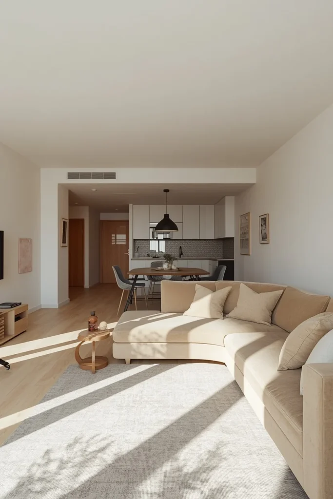  open-concept studio apartment shot, featuring a curved sofa positioned to separate a living area