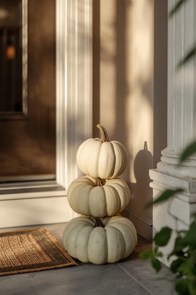 front porch entry, featuring a small stack of pale heirloom pumpkins 