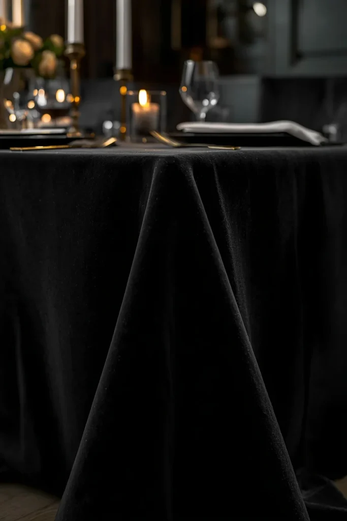 18 Elegant Halloween Dining Table Ideas for a Chic Fright Night 6 dining table close-up, featuring a deep black velvet tablecloth draped over a formal dining table