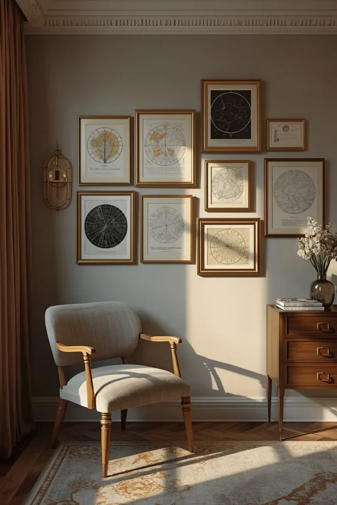  bedroom, featuring a gallery wall of framed constellation prints and star charts