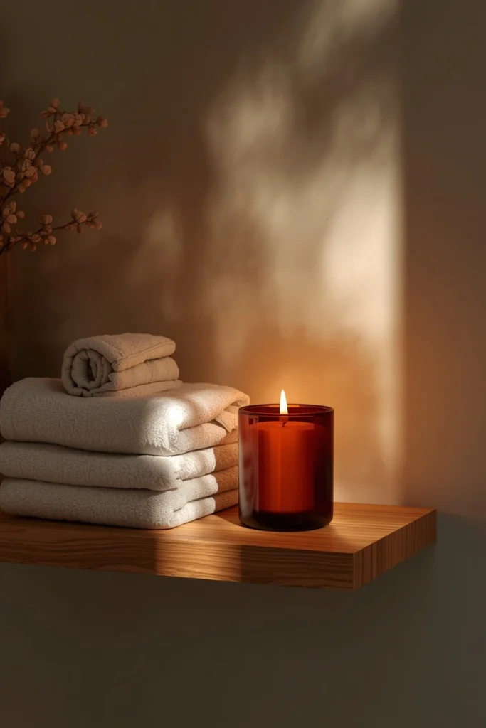 15 Fall Bathroom Decor Ideas for a Cozy Season Refresh 6 bathroom shelf, featuring a lit amber glass candle beside a small stack of folded towels