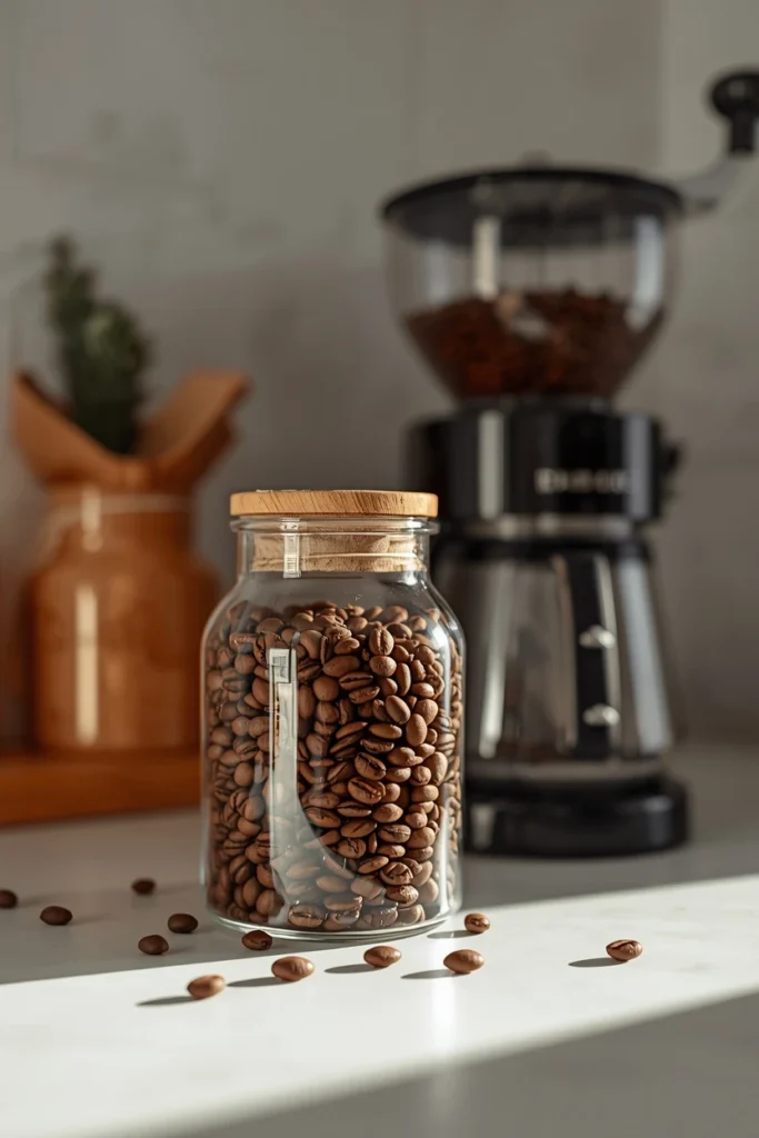  kitchen counter, featuring a clear glass jar filled with whole coffee beans
