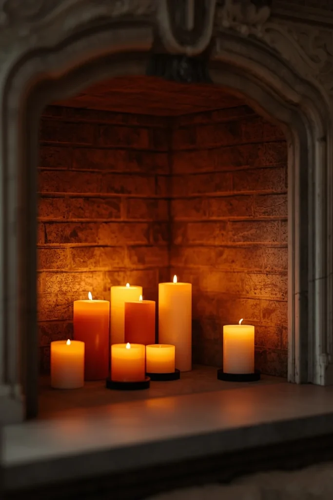16 Fall Decor Ideas for the Space in Front of Your Fireplace 6 living room fireplace, featuring the empty firebox filled with pillar candles of varying heights
