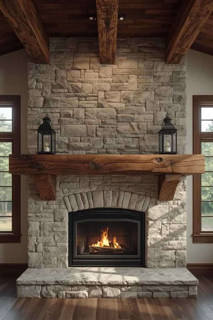  farmhouse living room, featuring a thick exposed wood beam mantel with wrought iron lanterns