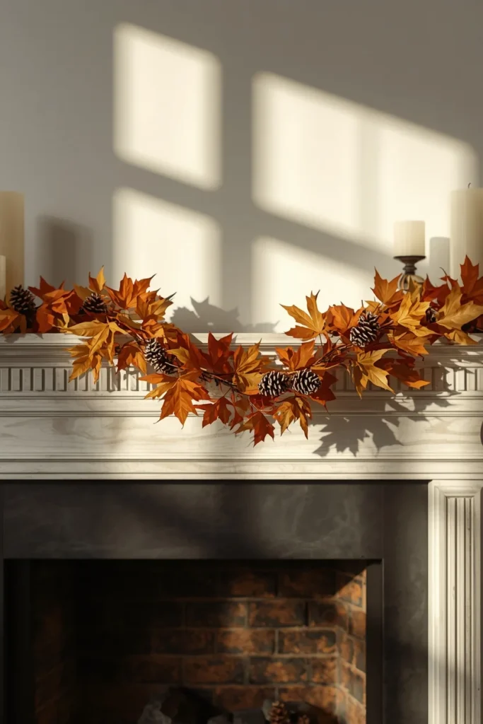  fireplace mantel wide shot, featuring a faux autumn leaf and pinecone garland draped