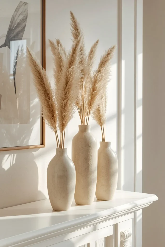 living room mantel, featuring three ceramic vases of varying heights each holding pampas grass