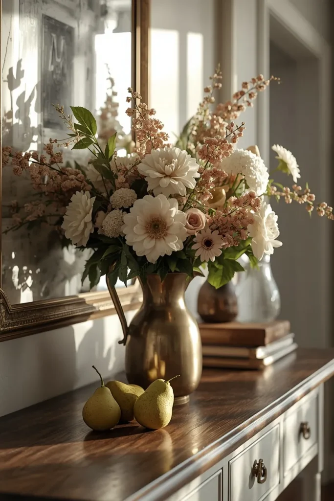 entryway console table, featuring an upgraded grocery store flower bouquet