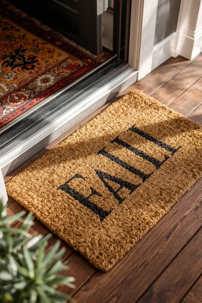 23 Fall Front Porch Decor Ideas Neighbors Will Envy 6 front porch entry, featuring a natural jute rug layered beneath a smaller patterned fall doormat
