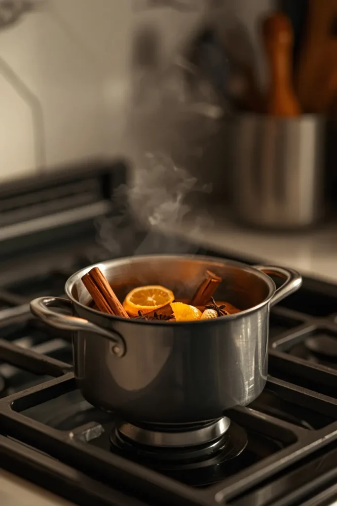 20 Fall Kitchen Decor Ideas That Are Easy to Recreate 6 kitchen stovetop close-up, featuring a small pot simmering with cinnamon sticks,