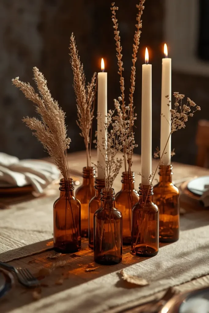 18 Fall Table Setting Ideas for Cozy Autumn Dinners 6 dining table, featuring a cluster of small amber glass bottles