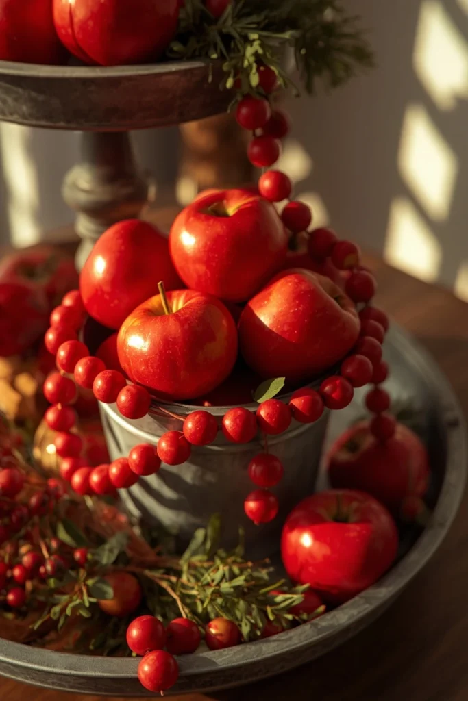  tiered tray close-up, featuring bright red faux apples overflowing a small galvanized metal bucket