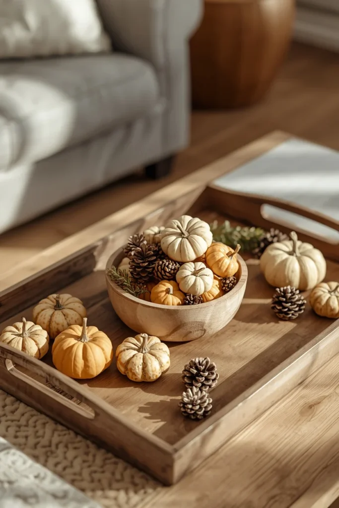 15 Fall Tray Decor Ideas to Style Your Coffee Table Like a Pro 6 coffee table tray, featuring a small wooden dough bowl filled with mini pumpkins