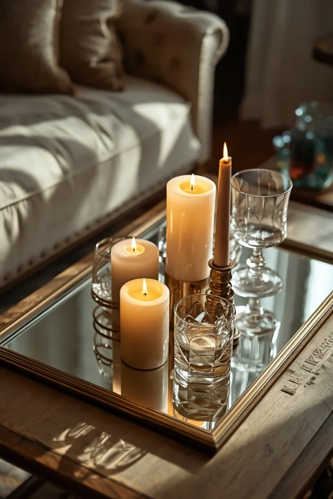 sofa table, featuring a vintage thrift store mirror laid flat as a base 