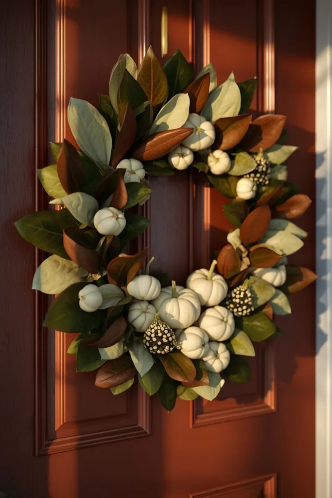 24 Fall Wreath Ideas to Welcome the Season in Style 6 front door, featuring a wreath built from magnolia leaves showing both glossy green and brown reverse sides