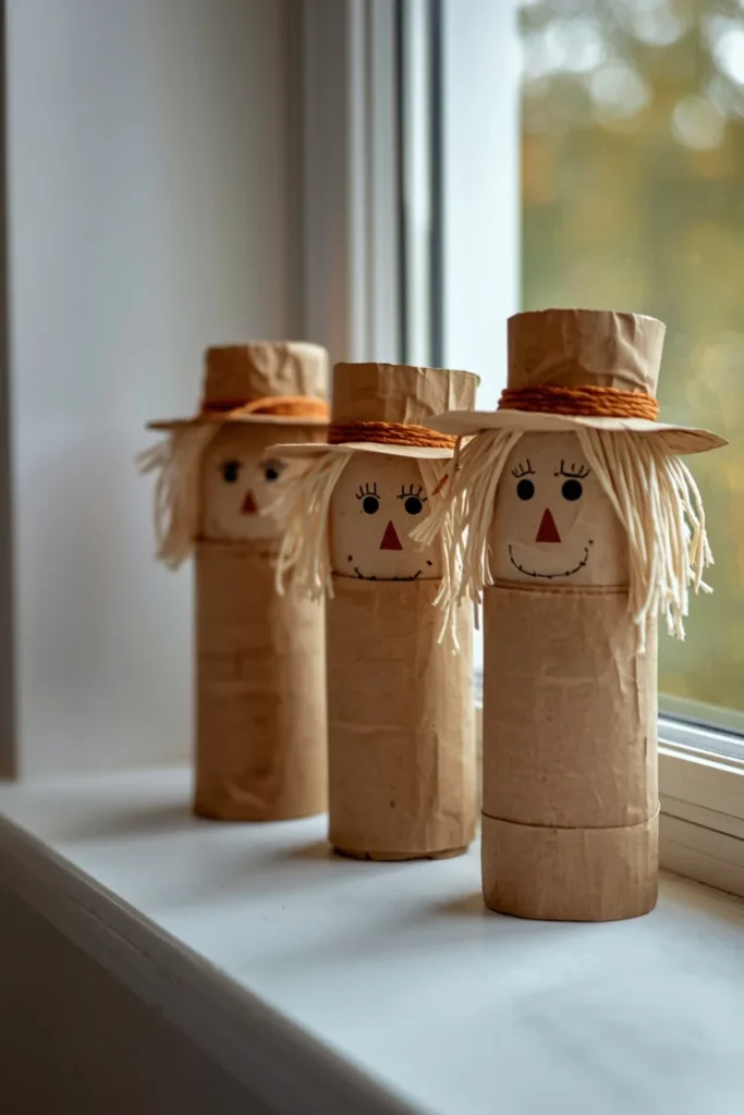 19 Fun DIY Scarecrow Ideas for fall that Kids Will Love Making 6 craft table close-up, featuring three toilet paper roll scarecrows wrapped in brown paper
