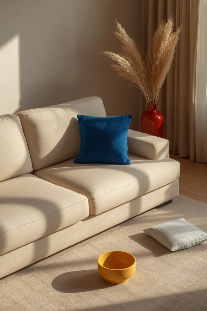 15 FunHaus Interior Ideas for a Bold, Playful Home That Breaks the Rules 6 living room styling shot, featuring a neutral cream sofa accented with one red ceramic vase