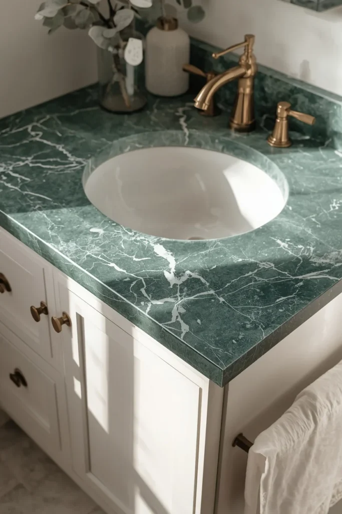 21 Green Bathroom Ideas That Bring Nature's Calm Into Your Home 6 bathroom vanity, featuring a jade green stone countertop with dramatic veining,