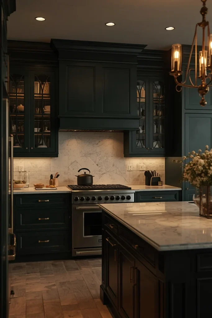 17 Green Kitchen Designs That Feel Bold, Fresh & Totally Unexpected 6 kitchen, featuring near-black forest green cabinetry, aged brass hardware, pale quartzite countertop