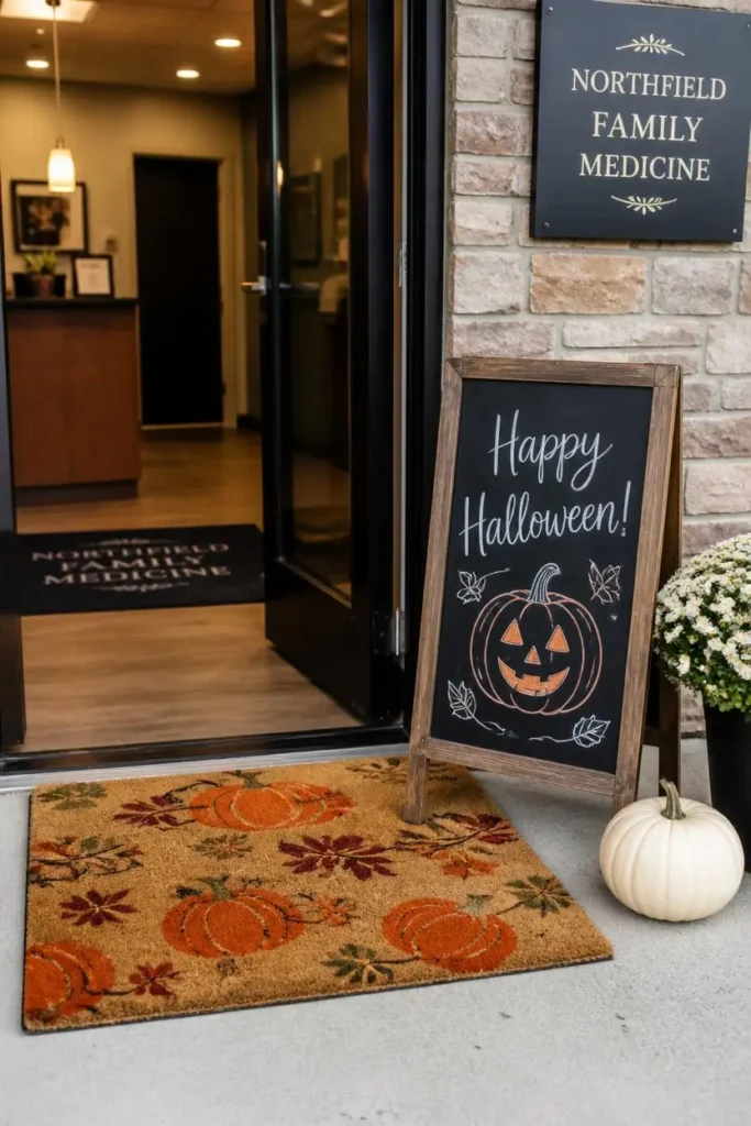  medical office entrance, featuring a pumpkin-and-leaf patterned doormat
