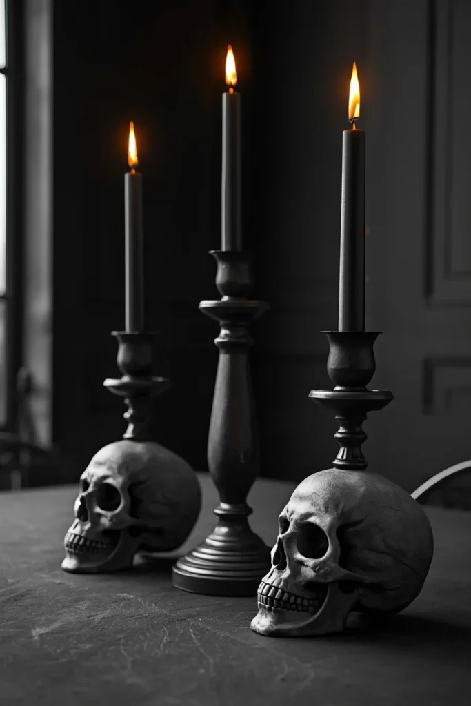 gothic tablescape shot, featuring a pair of matte stone-finish skull candlesticks