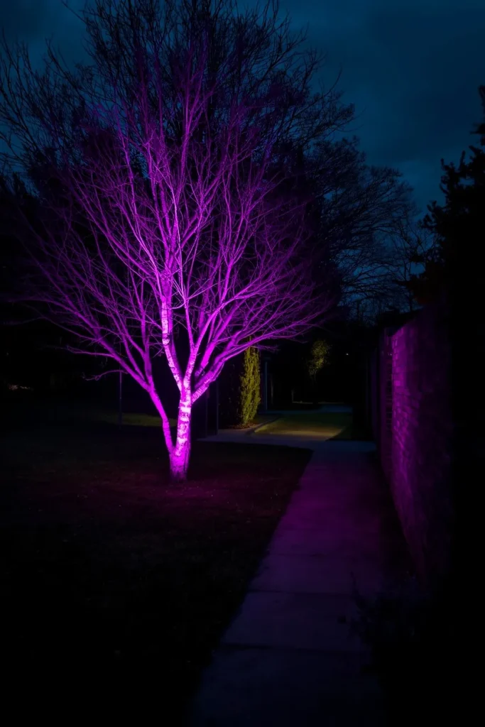 18 Halloween Walkway Ideas That Set the Spooky Mood Early 6 Halloween lighting display, featuring a purple spotlight aimed upward through bare tree branches