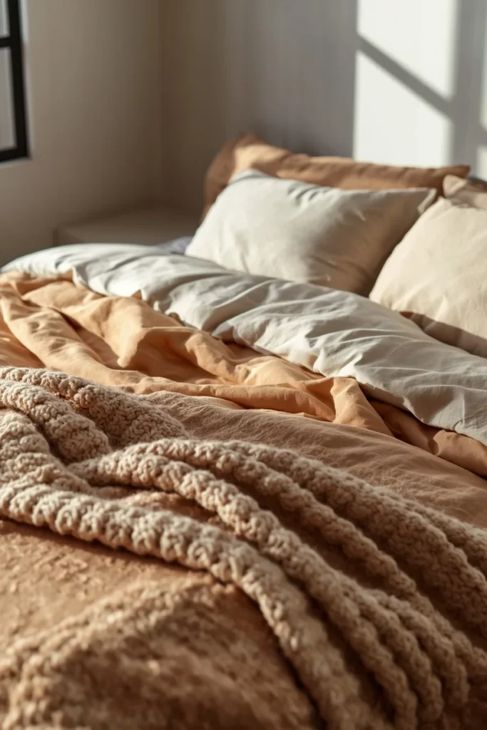 Japandi bedroom, featuring a low platform bed layered with a warm neutral linen duvet