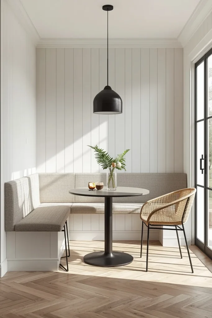 21 Kitchen Banquette Seating Ideas That Make Every Meal Feel Special 6 modern kitchen dining nook, featuring a low-profile straight banquette bench in oatmeal bouclé fabric