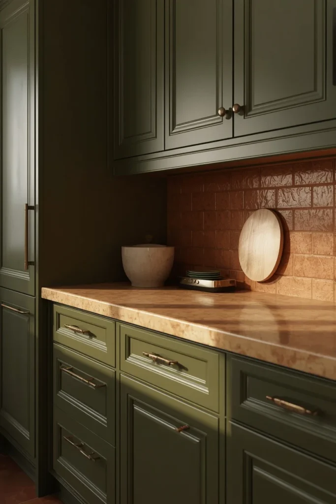 kitchen, featuring olive green cabinetry, aged bronze hardware, a warm veined stone countertop,