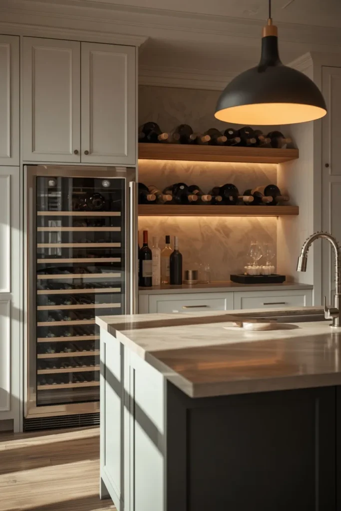 kitchen island, featuring a built-in glass-front wine fridge on one end