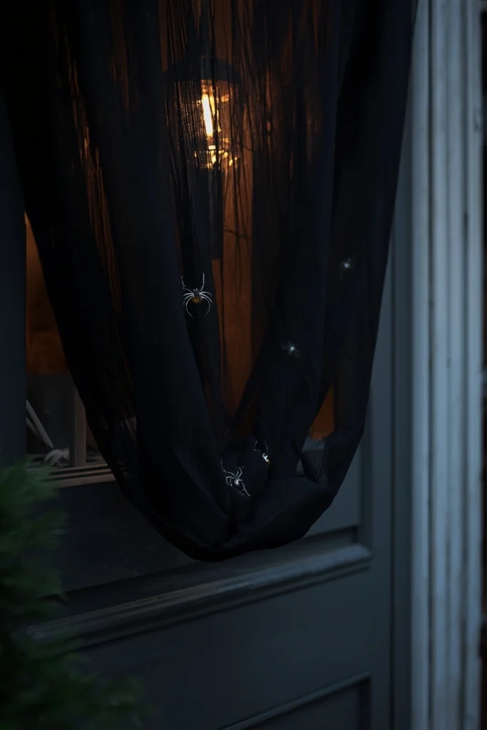 front door close-up, featuring black cheesecloth gauze draped loosely