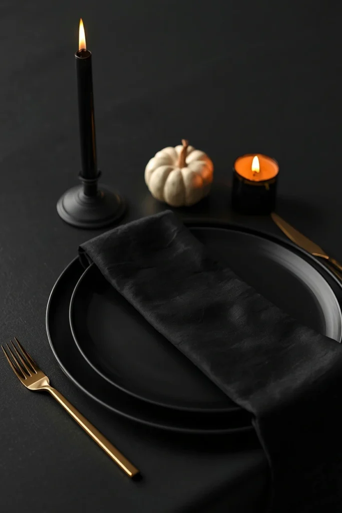 15 Last-Minute Halloween Tablescape Ideas That Look Planned 6 minimalist place setting, featuring a black charger plate, gold flatware
