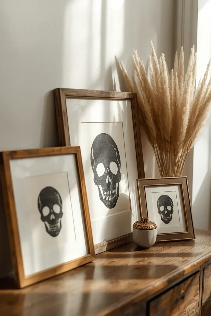  entry table vignette, featuring three thrifted picture frames leaning