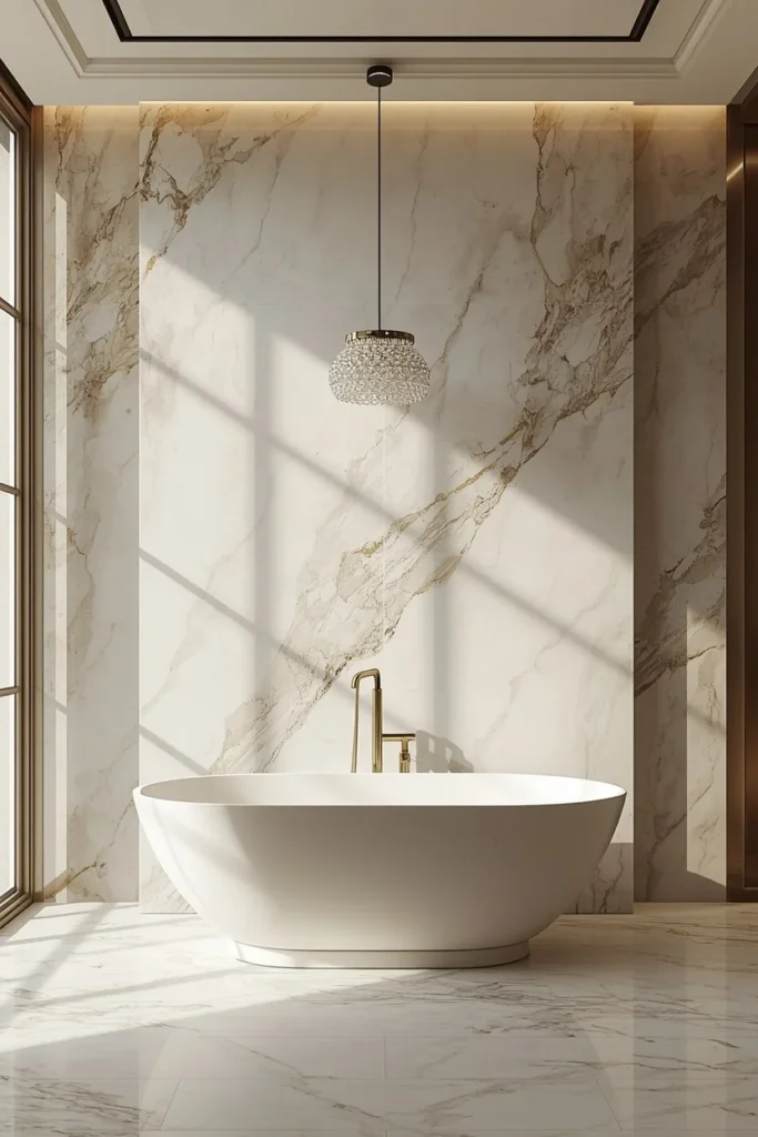25 Modern Bathroom Designs That Look Like a 5-Star Spa Retreat 6 luxury bathroom, featuring a dramatic marble slab wall with visible veining