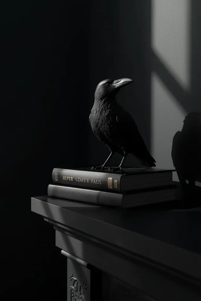 16 Modern Halloween Mantle Decor Ideas That Feel Fresh 6 modern fireplace mantel close-up, featuring one realistic matte black raven
