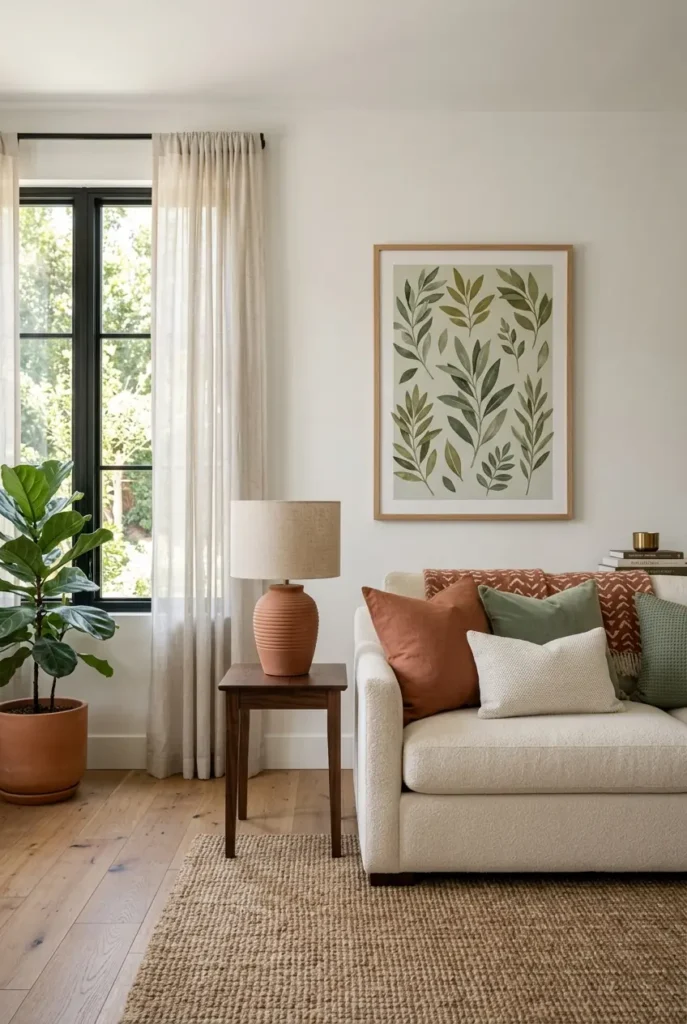 living room corner, featuring a cream sofa with terracotta and sage green throw pillows