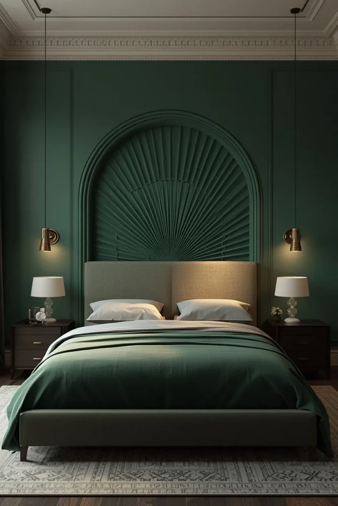  bedroom, featuring a fan-arch geometric patterned accent wall in tone-on-tone