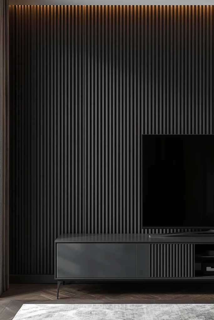  living room accent wall close-up, featuring vertical fluted wood paneling painted deep charcoal, 