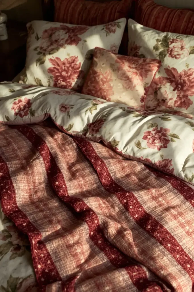 small bedroom, featuring a bed layered with a large-scale floral duvet, a medium-scale striped throw blanket,