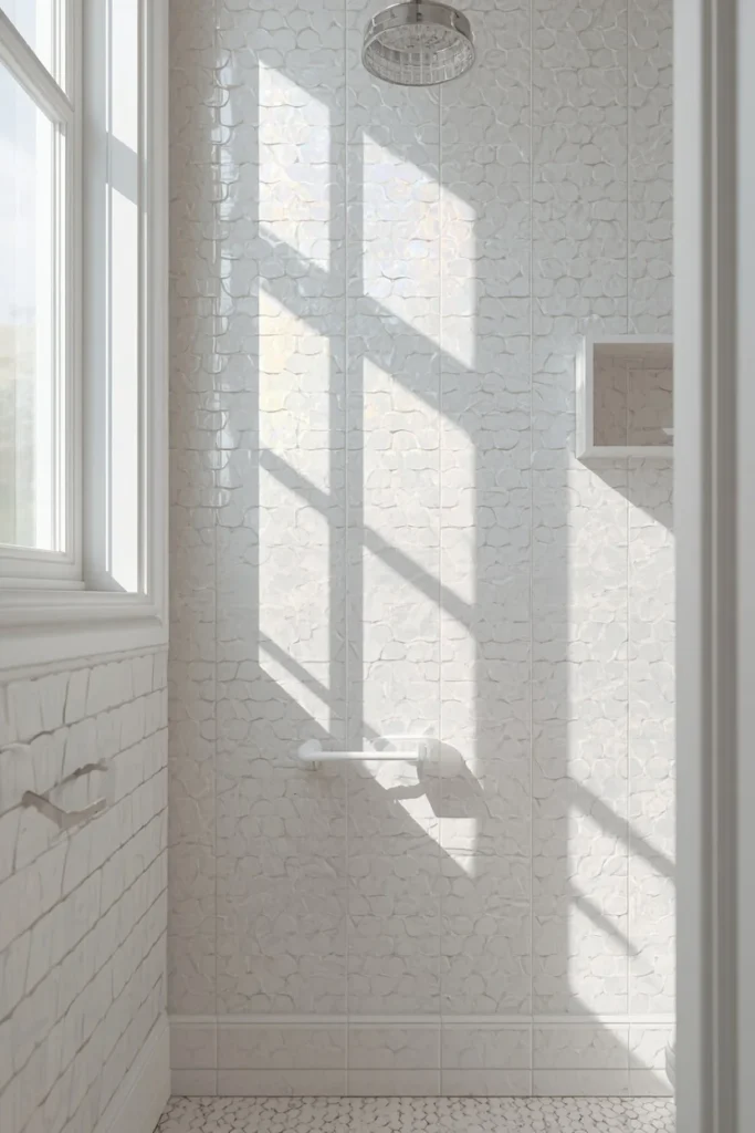 18 Scalloped Tile Ideas for a Soft, Statement-Making Bathroom 6 bathroom shot, featuring iridescent white scalloped tile catching soft rainbow
